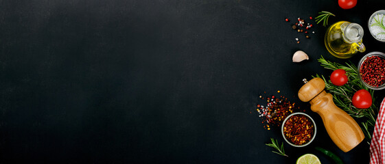 Cooking Concept with Spices and Vegetables on Dark Background, Vegetarian Food, Background for Recipes, Top View