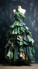 Wall Mural - Sustainability in fashion, a vibrant abstract portrayal of a dress made from recycled materials, lush and green, modernist art style