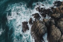 An Aerial View Of Waves Hitting Rocks. High-quality 4K Footage. Generative AI
