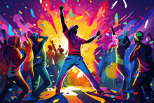 Abstract Illustration Of Bright Multicolored Summer Open Air Party With Dancing People.