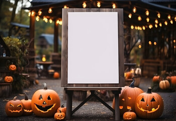 Wall Mural - halloween welcome signboard mockup with pumpkins in the garden. blank board with autumn holiday deco