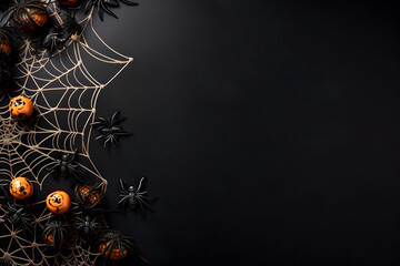 happy halloween flat lay mockup with spiders, decoration and spider web on black background. autumn 