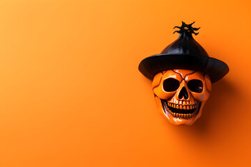 Wall Mural - happy halloween flat lay mockup with skull in a hat on orange background. fall holiday concept compo