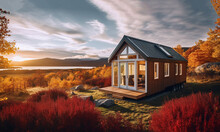 A Tiny House On A Grassy Hill Perfect For Isolated Vacation Or Just A Peaceful Relax In The Connection With Nature. Modern Architecture In The Scandinavian Countries  Minimalism Lifestyle Concept