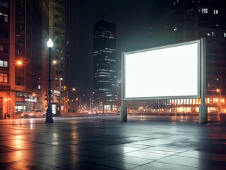 Poster - Perspective view of a blank white advertising banner at night city street, mockup. Generative AI