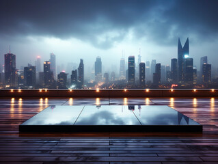 Poster - Abstract modern rooftop with mirrored podium on a skyline background. Generative AI
