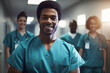 Young African male doctor smiling while standing in a hospital corridor with a diverse group of staff in the background,  Created using generative AI tools.