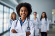 Young female doctor smiling while standing in a hospital corridor with a diverse group of staff in the background,  Created using generative AI tools.