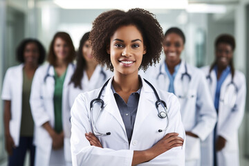 young female doctor smiling while standing in a hospital corridor with a diverse group of staff in t