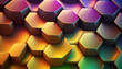 Closeup honeycomb grid texture with multi coloured neon light. Red and dark metal hexagon shaped pattern abstract background. Light modifier equipment. Metal honeycomb, 