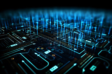 Fototapete - A macro image of a processor microchip or a graphic card, technological device storing memory, hardware close-up, neon led lights. Generative AI technology