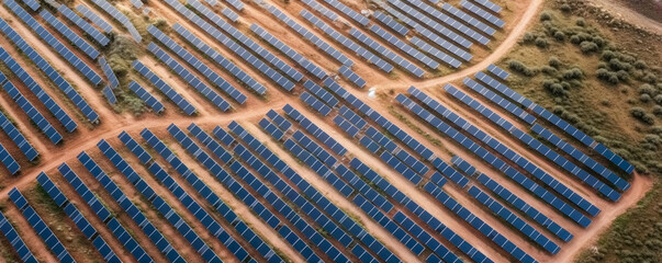 Wall Mural - solar panels plant, aerial view - rows of photovoltaic cell collectors on a landscape. green energy 