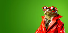 Cool Looking Frog Wearing Funky Fashion Dress - Jacket, Tie, Glasses. Wide Banner With Space For Text Left Side. Stylish Animal Posing As Supermodel. Generative AI