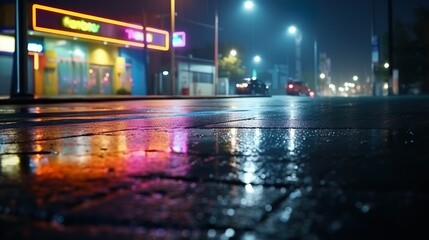 Multi-colored neon lights on a dark city street, reflection of neon light in puddles and water. Abstract night background, blurred bokeh light. Night view colorful