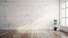 White Brick Wall Background In Rural Room, Brick And Wooden Floor Beautiful Interior Design