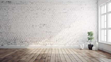 white brick wall background in rural room, brick and wooden floor beautiful interior design