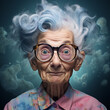 © Modern Artizen - Portrait of an Elderly Nonconformist in Flamboyant Attire and Dark Glasses - Reveling in Her Unconventional and Bohemian Lifestyle. Generative AI.