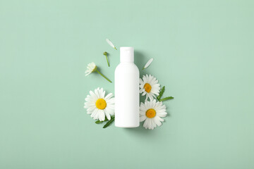 Wall Mural - body lotion with chamomile extract. cosmetic bottle mockup without labels, beauty product branding.