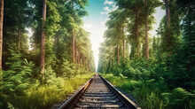 Forest Trees Along A Railroad On An Summer. Train Tracks Travel Concept Landscape Background. Generative Ai.