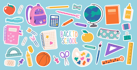 set of school supplies and education stickers. back to school. backpack, books, globe, pencil box, p