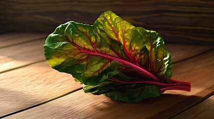  a green leafy vegetable sitting on top of a wooden table next to a window sill on a wooden floor with sunlight coming through the leaves.  generative ai