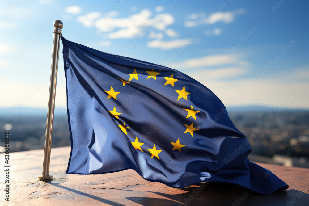 Flags representing the European Union flutter harmoniously on a clear ...