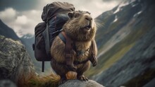  A Groundhog With A Backpack On Top Of It's Back Standing On A Rock In The Mountains With A Backpack On Its Back.  Generative Ai