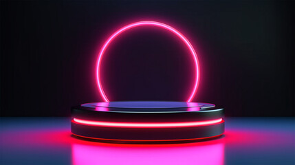 Wall Mural - Rotating product display podium with rounded neon color light circle in black background. Generative Ai.