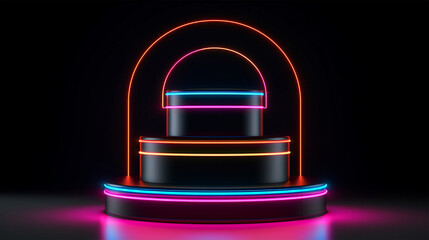 Wall Mural - Rotating product display podium with rounded neon color light circle in black background. Generative Ai.