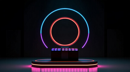 Wall Mural - Rotating product display podium with rounded neon color light circle in black background. Generative Ai.