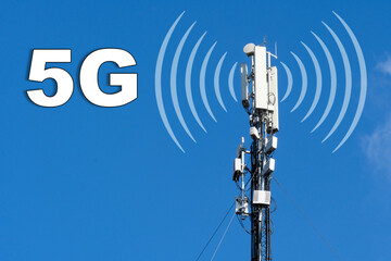 Poster - 5G Network Connection Concept-5G ;communication mast, satellite communication antenna, copy space.