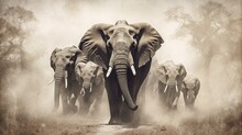  A Herd Of Elephants Walking Down A Dirt Road In The Woods On A Foggy Day With Trees In The Background And Dust Blowing In The Air.  Generative Ai