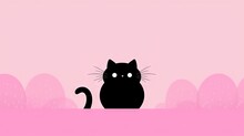  A Black Cat Sitting On Top Of A Pink Surface Next To A Cactus Plant And A Pink Sky Background With A Black Cat Sitting On Top Of A Pink Surface.  Generative Ai
