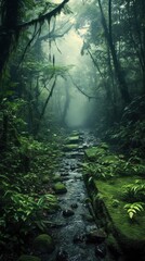  a stream running through a lush green forest filled with trees and ferns on a foggy day in the middle of the forest, with moss growing on the ground.  generative ai