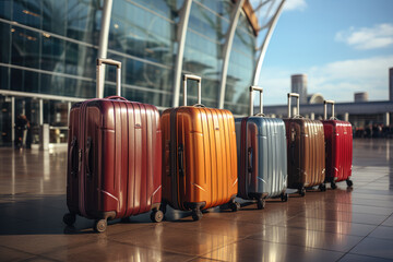 Wall Mural - Suitcases lined up at an airport, set against the backdrop of an airplane. Conveys the concept of travel and the anticipation of embarking on a journey. Generative Ai.