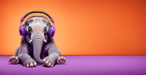 Wall Mural - Cute elephant listening to music on large headphones, enjoying music. Wide banner with empty copy space at side. Generative AI