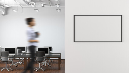 Sticker - Blank horizontal poster mock up on the wall of modern office interior.