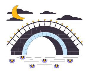 Poster - Stone bridge under river flat line concept vector spot illustration. Moonlit night landscape 2D cartoon outline objects on white for web UI design. Editable isolated colorful hero image