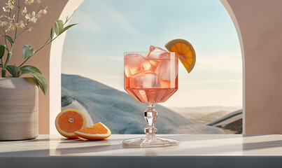  a glass with a drink and some orange slices on a table.  generative ai