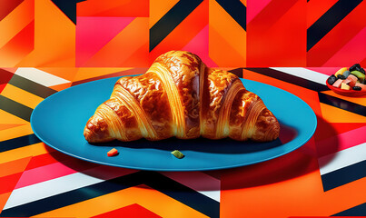  a blue plate topped with two croissants on top of a colorful table.  generative ai