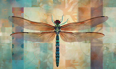 Poster -  a painting of a dragonfly on a multicolored background.  generative ai