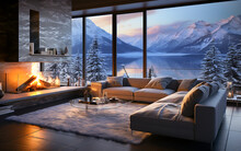 The Snow Is Visible Through The Large Windows In The Living Room.    Generative Ai