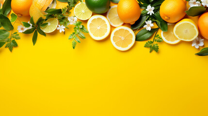 Wall Mural - composition of lemon slices orange sprigs of greenery on a yellow background. Generative Ai. 