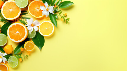 Wall Mural - Oranges lemons green decorations on yellow background. Generative Ai. 