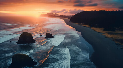 Sticker - Drone photo of Oregon Coast at sunset taken with DJI mini 3 pro