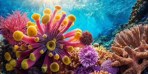 Illustration of underwater world with colorful tropical corals and sunlight streaming through the sea water. Beauty of the coral reef. Generative AI