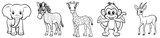 African cute animals - Elephant, Zebra, Giraffe, Monkey and Gazelle, simple thick lines kids or children cartoon coloring book pages. Clean drawing can be vectorized to illustration. Generative AI