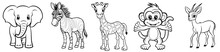 African Cute Animals - Elephant, Zebra, Giraffe, Monkey And Gazelle, Simple Thick Lines Kids Or Children Cartoon Coloring Book Pages. Clean Drawing Can Be Vectorized To Illustration. Generative AI