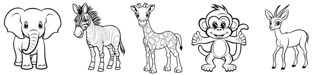 african cute animals - elephant, zebra, giraffe, monkey and gazelle, simple thick lines kids or chil