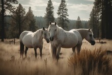 3 Horses Graze In Central Oregon Meadow By Sisters As Three Sisters Range Stands In The Back. Generative AI